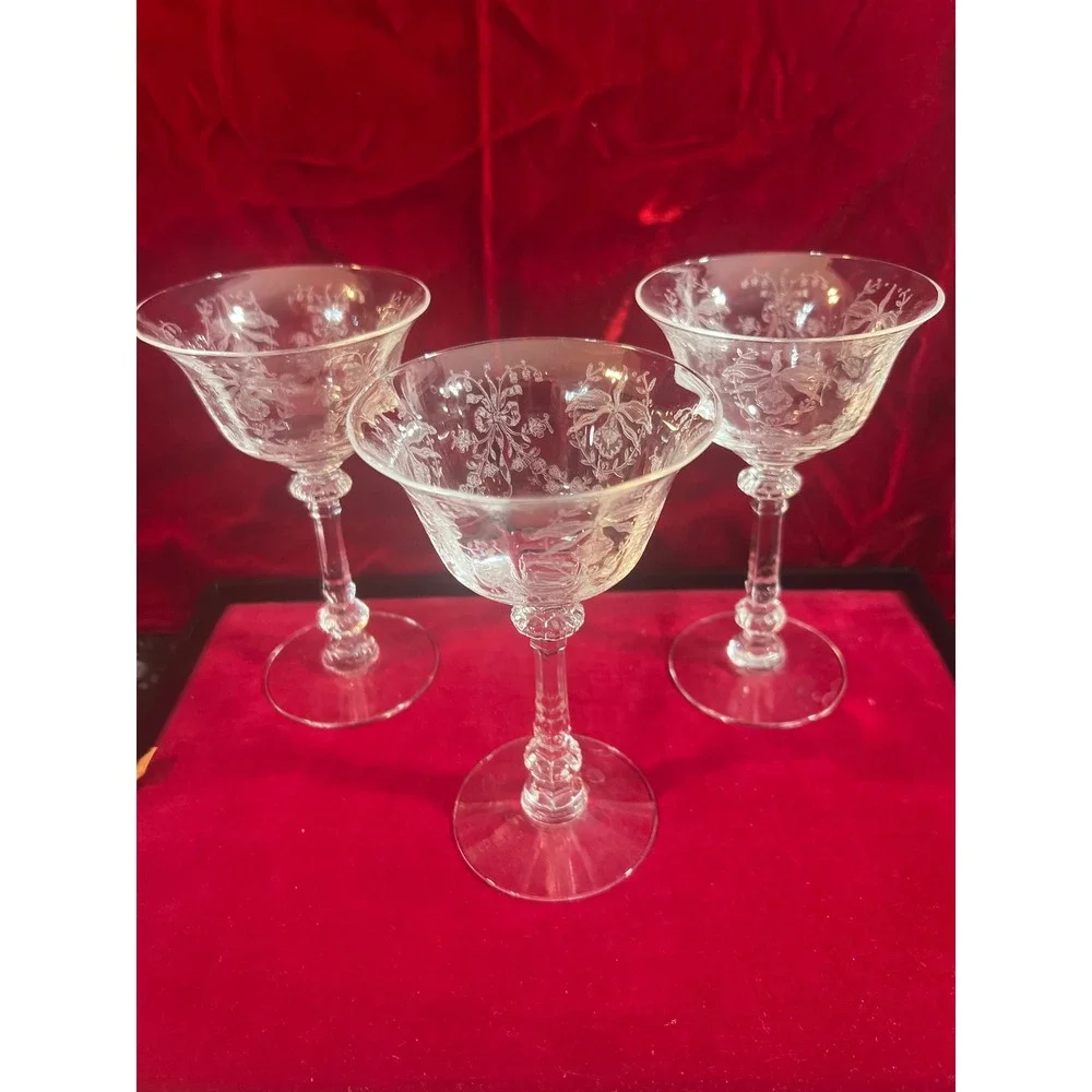 Vintage Fostoria Orchid Etched Crystal‎ Champagne Coupe Glasses Set of 3 5.5